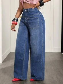 Slaydiva Women's Casual Versatile Daily Denim Straight Leg Pants With Pockets And Buttons - Dark Wash - View 4