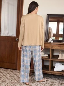 Doze Lane Plus Size Solid Color Long Sleeve Top And Puff Wrinkled Fabric Plaid Print Pants Pajama Set - Multicolor - View 2