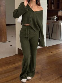 SHEIN EZwear 2件組女款休閒純色寬肩帶開襟衫與抽繩腰喇叭褲套裝，秋冬款 - 軍綠色 - 查看 4