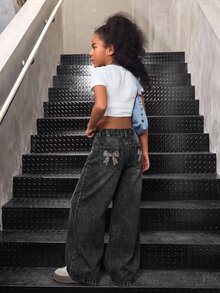 Tween Girl Y2k Fashion Casual Leopard Print Bow Pattern Black Denim Loose Jeans For Black To School - Black - View 2