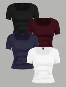 SHEIN EZwear 4件裝休閒極簡純色女款短袖T恤 - 彩色 - 查看 15