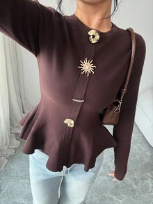 Modelyn Women's Solid Color Metal Decor Casual Versatile Daily Wear Long Sleeve Sweater - Coffee Brown - View 3