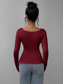 SHEIN BASICS 女款休閒純色針織修身長袖圓領基本款T恤 日常穿搭 酒紅色 秋冬 - 酒紅色 - 查看 6