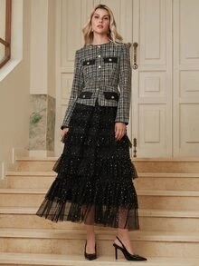 Gaun 2 in 1 Lengan Panjang Motif Kotak-kotak Patchwork Jala Elegan untuk Wanita, Gaya Musim Gugur Terbaru untuk Jalan-jalan, Perjalanan, dan Kantor - Hitam - View 6