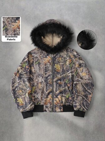 Sudadera con capucha para hombre con cuello de forro polar de ante sintético y estampado de camuflaje de ramas