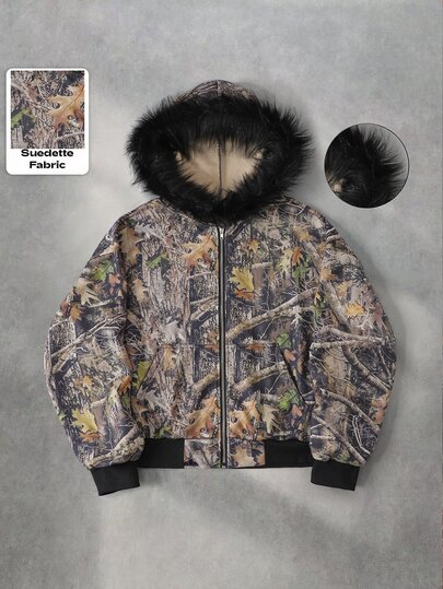 Men's Branch Camouflage Faux Suede Fleece Collar Sweatshirt Hoodie Sweatshirt