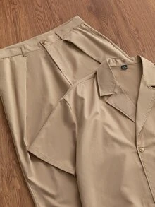 SWAVVY 男士純色翻領短袖雙排扣襯衫與長褲休閒套裝 - 卡其色 - 查看 4