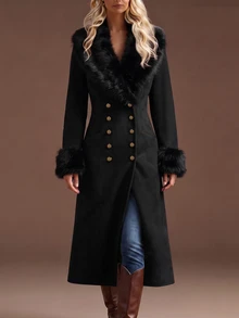 LUMIGAL Women's New Autumn/Winter Casual Mid-Length Button-Up Jacket With Faux Fur Collar For Commuting, Vacation And Dating - Black - View 4