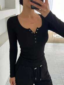 DAZY Women's Minimalist Button Half-Placket Long Sleeve T-Shirt For Daily Wear Fall - Black - View 10