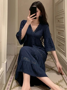 Dazy Tall Women's V-Neck Waist-Cinching Long Casual Dress Vacation - Navy Blue - View 6