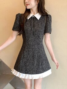 Dazy Tall Gaun Kasual Wanita Motif Blok Warna untuk Harian, Musim Panas, Perjalanan, dan Musim Gugur - Dark Grey - View 9