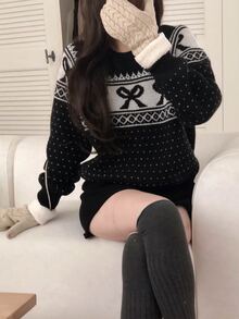 DAZY Women's Round Neck Bowknot Korean Style Long Sleeve Colorblock Autumn/Winter Sweater - Black - View 5
