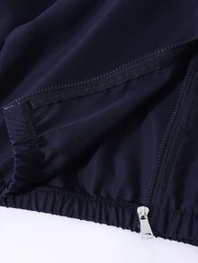 SHEIN Tween Girls' Casual Versatile Minimalist Jacket Set, Fall Outfits, White Letter Embroidery On Chest, White Ribbon Bows On Sleeves And Pants Sides - Navy Blue - View 7