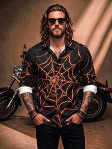 Fenqiro Men's Spider Web Print Long Sleeve Shirt - Multicolor - View 3