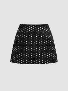 Sweetra Plus Size Early Autumn Ribbed Watermark Polka Dot Asymmetric Neckline Fitted Top And Bodycon Mini Skirt 2 Pieces Set - Black and White - View 8