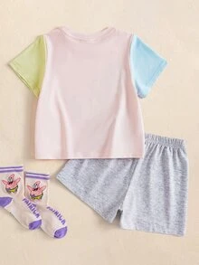 SpongeBob SquarePants | SHEIN Young Girl Cartoon Print Short Sleeve T-Shirt And Shorts Loungewear Set - Multicolor - View 2