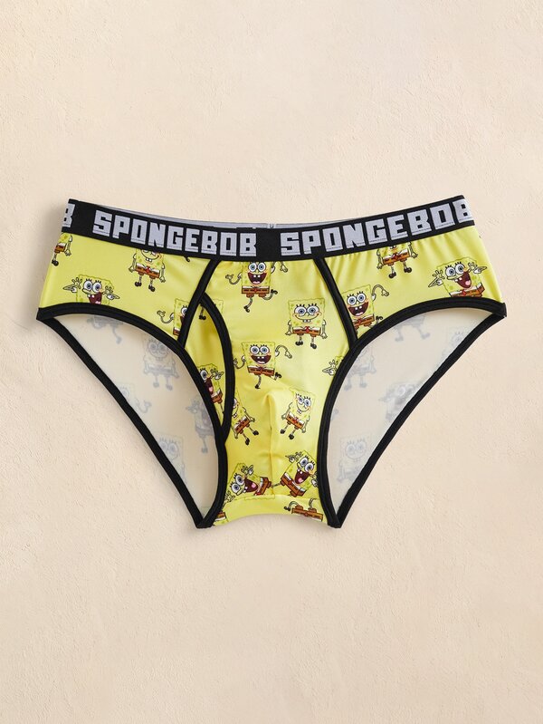 SpongeBob SquarePants | SHEIN سروال داخلي رجالي كاجوال بطبعة كرتونية وحزام خصر بحروف
