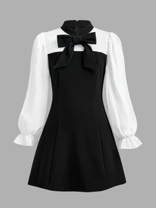 SHEIN 兒童青少年女孩秋/冬修身拼接對比色學院風 2 合 1 收腰蝴蝶結裝飾洋裝，適合返校穿著 - 黑與白 - 查看 3
