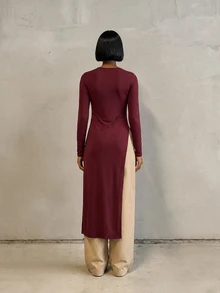 BamGlimmer 女款秋季情人節新年假期側開衩綁帶長袖T恤，度假休閒優雅，適合夜晚外出、晚餐與早午餐，酒紅色 - 酒紅色 - 查看 3