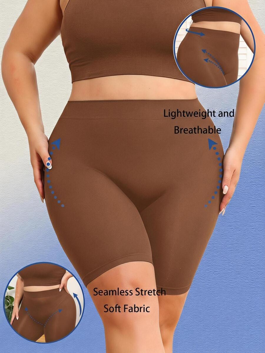 SHEIN Plus Size Solid Color High Waist Seamless Shaping Bottoms - Coffee Brown - View 1
