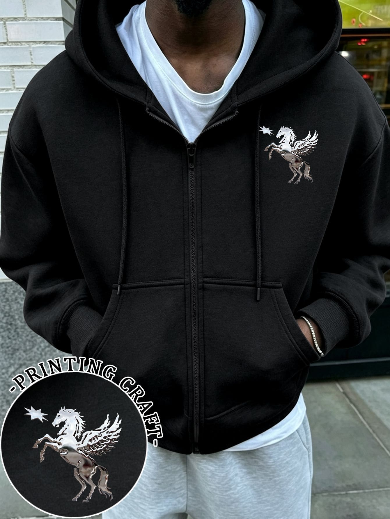 Resyla Men 男士馬馬印花長袖抽繩連帽寬鬆拉鍊運動外套 - 黑色 - 查看 1