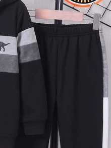 小男孩 2 件套極簡休閒拼接色塊寬條紋恐龍印花連帽拉鍊抓絨內裡運動外套與運動長褲，柔軟外出套裝，適合秋冬 - 彩色 - 查看 4