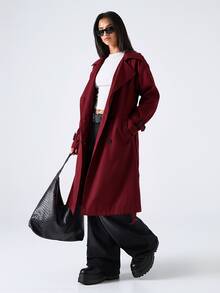 SHEIN EZwear 女款休閒雙排扣風衣外套，秋季 - 酒紅色 - 查看 3