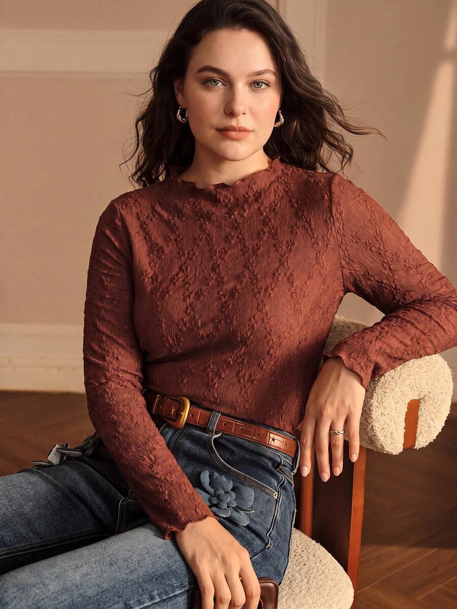 MOTF PREMIUM PLUS SIZE SOLID JACQUARD LETTUCE TRIM LONG SLEEVE T-SHIRT FALL - Coffee Brown - View 1