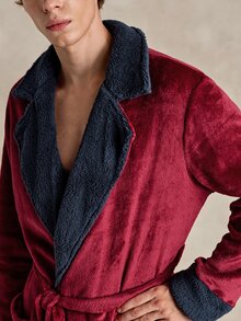 EverLounge Autumn/Winter Colorblock Patchwork Plush Lapel Men's Robe, Warm And Comfortable Home Bathrobe - Multicolor - View 6