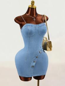 Mistrie Women's Button Design Slim Fit Spaghetti Strap Denim Dress - Blue - View 5