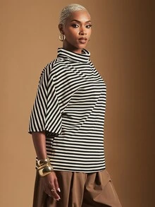 Vixey Women's Striped Funnel Neck Short Sleeve Loose Casual T-Shirt, Chic Casual Daily - Black and White - View 4