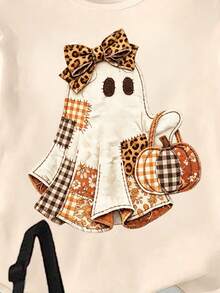 (1 Set) Halloween Girls Toddler Simple Plaid Patchwork Ghost Leopard Print Bow Pumpkin Lantern Pattern Basic Short T-Shirt And Leggings - Multicolor - View 5