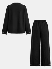 SHEIN 青少年女孩睡衣套裝 2 件組，秋冬款極簡純黑色基礎款，翻領鈕扣開襟長袖長褲，舒適休閒梭織睡衣 - 黑色 - 查看 2