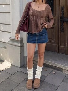 Autumina Women's Autumn/Winter Solid Color Y2K Retro Cable Knit Waist-Cinched Slimming Versatile Casual Long Sleeve Sweater Top - Camel - View 4