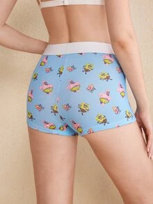 SpongeBob SquarePants | SHEIN Women's Cartoon Print Elastic Waist Button Design Boxer Briefs - Blue and White - View 2
