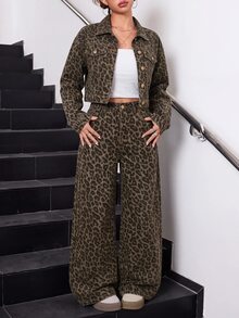 SHEIN 青少年女孩豹紋夾克與牛仔褲套裝 - 棕色 - 查看 5