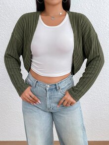 SHEIN EZwear Plus Solid Crop Black Jacket Without Tank Top Fall - Army Green - View 4