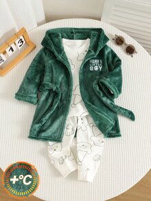 SHEIN 男嬰幼兒秋冬保暖加厚可愛綠色毛絨連帽家居服/浴袍/睡衣，聖誕款 - 墨綠色 - 查看 1