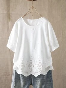 Rusticease 大尺碼純白色刺繡圓領短袖休閒襯衫 2026 春夏款 - 白色 - 查看 8