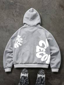 SHEIN 秋冬款男童單件夾克，連帽設計搭配花朵字母裝飾，前襟按扣，羅紋袖口與下擺，寬鬆版型棒球夾克，時尚優雅男童外套 - 灰色 - 查看 2