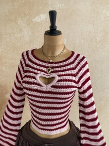 Soleia Women's Striped Heart Cutout Design Long Sleeve Cropped Sweater - Multicolor - View 3
