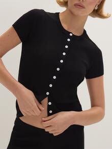 MUSEYN Black Knit Button Up Short Sleeve Fitted Top - Black - View 3