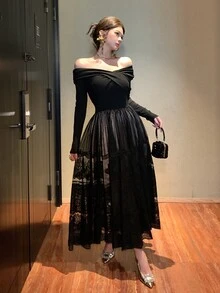 DAZY Women's Square Neck Long Sleeve Cinched Waist Lace Patchwork Elegant Dress Fall - Black - View 6