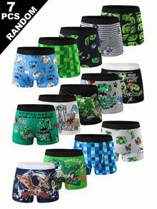 7pcs Boys Comfortable Printed Green & Navy Blue Pixel Block Pattern Street Style Cool Random Assorted Boys Fashion Cartoon Print Boxer Briefs - Multicolor - View 5