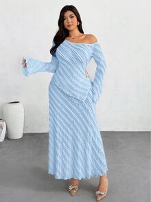 Firerie 大尺碼女款紋理不對稱單肩長袖上衣與裙子優雅兩件套 - 藍色 - 查看 5