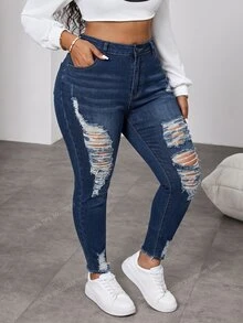 SHEIN MOD Plus Size Women's High Waist Pocket Distressed Skinny Jeans - Medium Wash - View 6