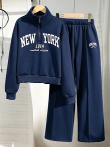 女童大童春秋冬季休閒兩件套，紐約字母印花立領衛衣與短褲套裝，保暖校園風適合日常穿著、上學、通勤、外出、散步、購物、旅行，可搭配夾克、背心、棉襖 - 藏蓝色 - 查看 3