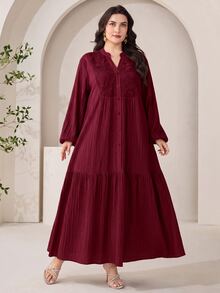Al Najma Plus Size Solid Color Lace Patchwork Dress - Burgundy - View 8