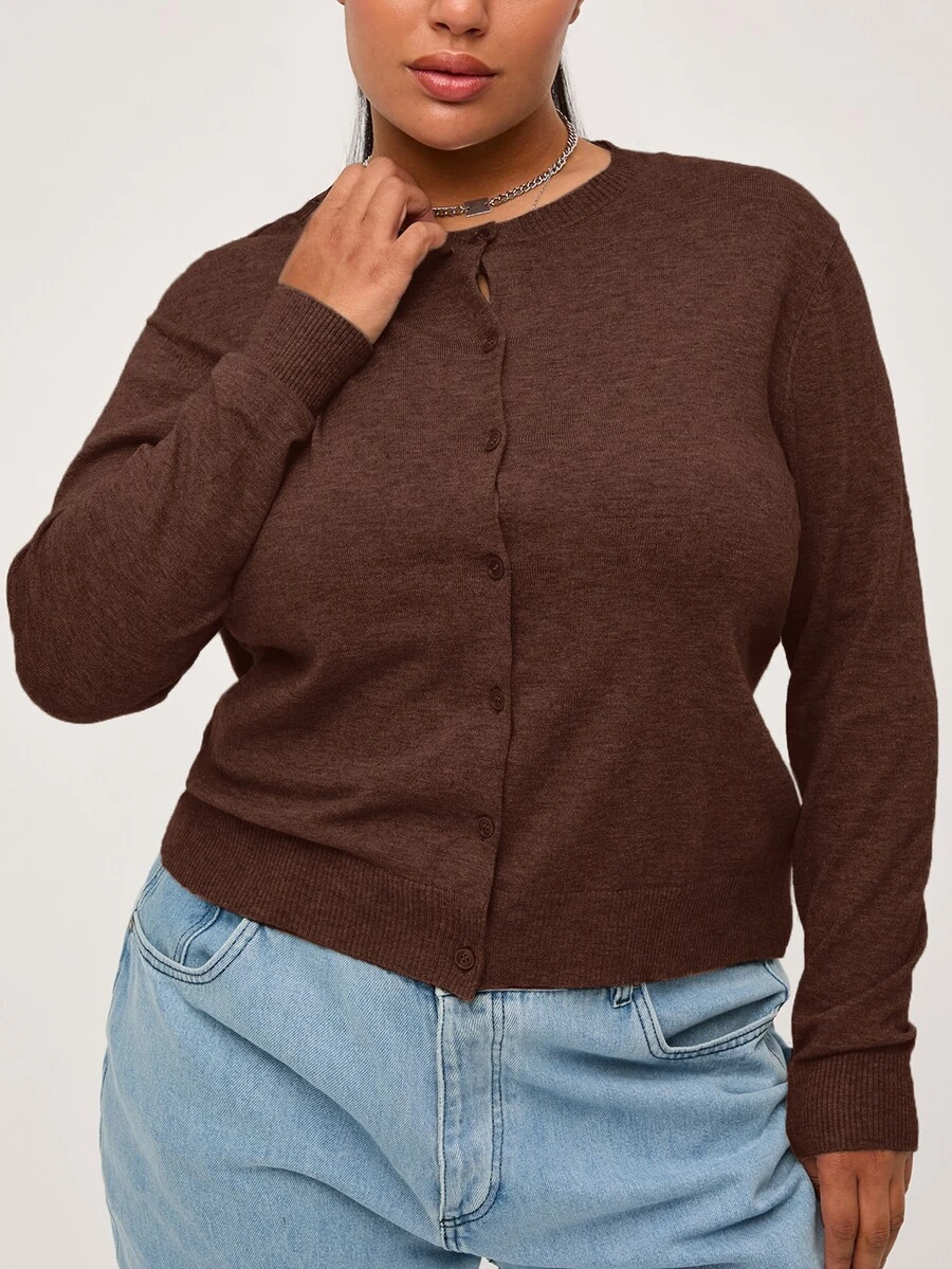 SHEIN BASICS 休閒純色長袖開襟針織衫,大尺碼秋冬服飾 - 咖啡棕 - 查看 1