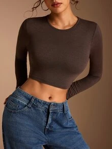 SHEIN BASICS 女款純色圓領長袖短版修身T恤 - 棕色 - 查看 6
